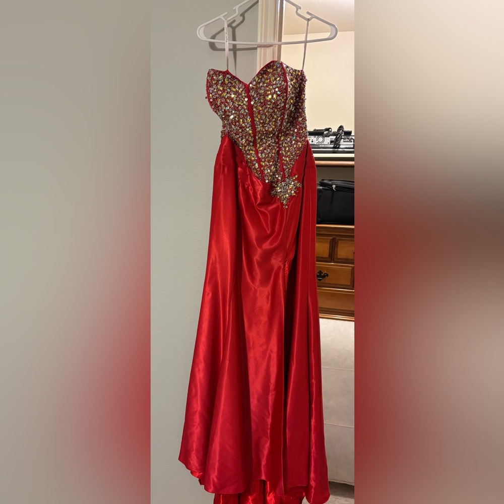 Elegant Red Gown with Embellished Bodice